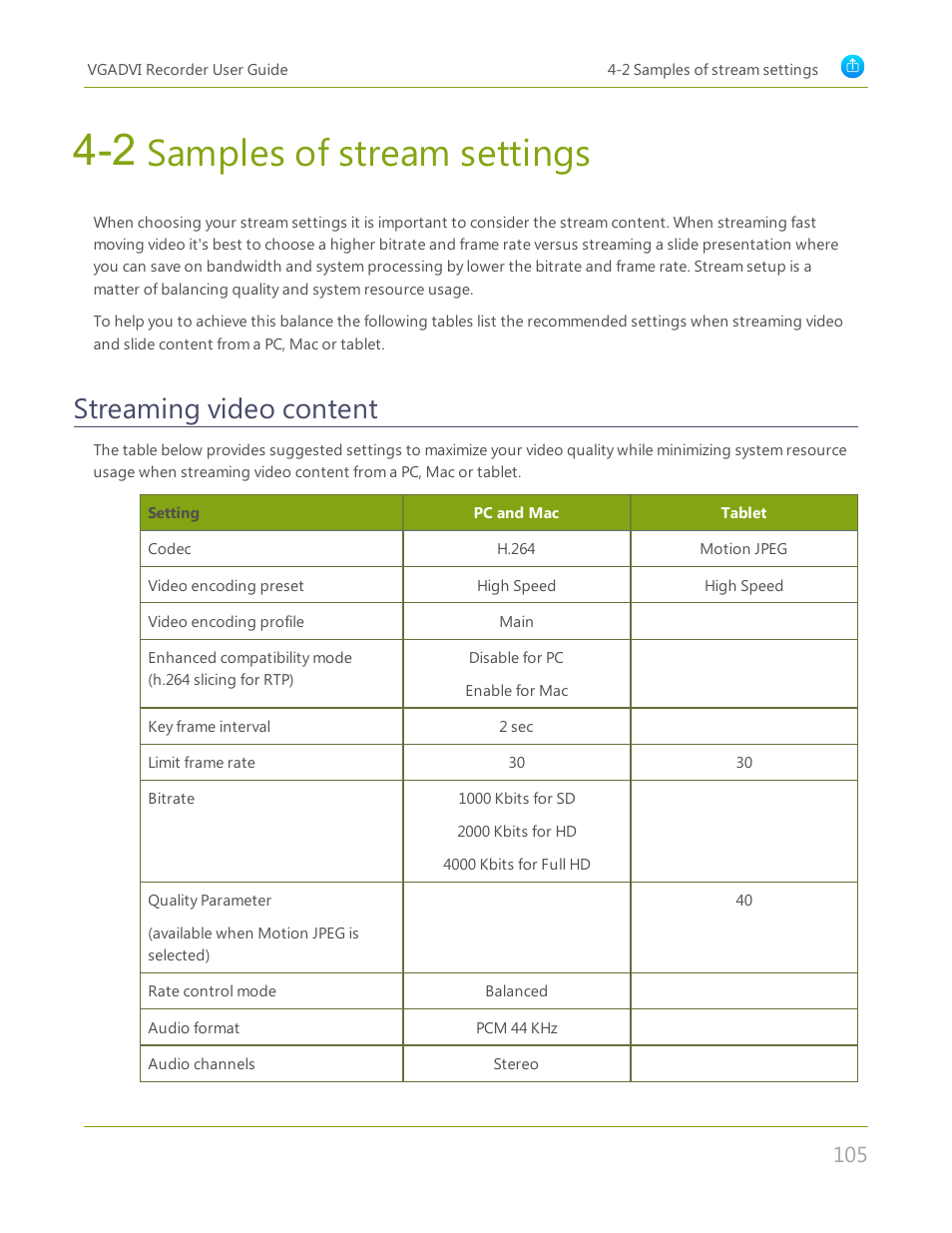 2 samples of stream settings, Streaming video content, Samples of stream settings | Epiphan VGADVI Recorder User Manual | Page 114 / 209