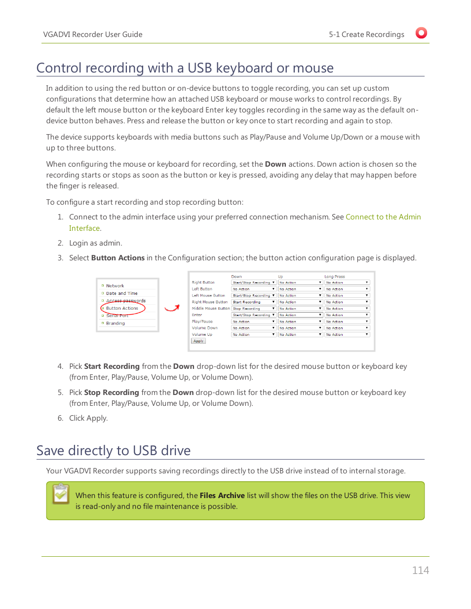 Control recording with a usb keyboard or mouse, Save directly to usb drive | Epiphan VGADVI Recorder User Manual | Page 123 / 209