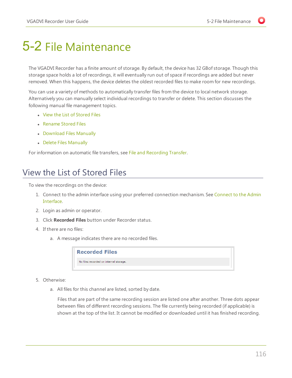 2 file maintenance, View the list of stored files, File maintenance | Epiphan VGADVI Recorder User Manual | Page 125 / 209