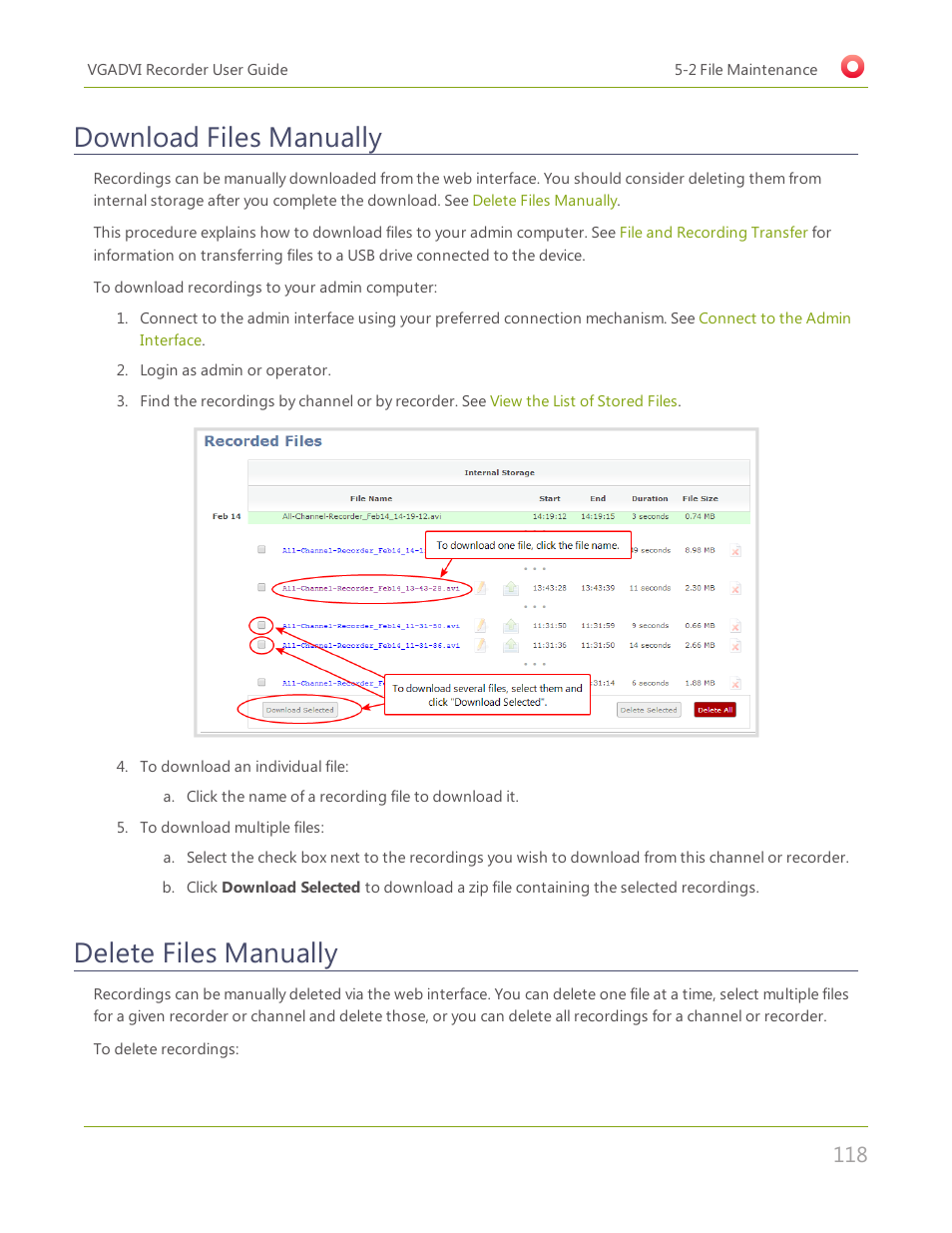 Download files manually, Delete files manually | Epiphan VGADVI Recorder User Manual | Page 127 / 209