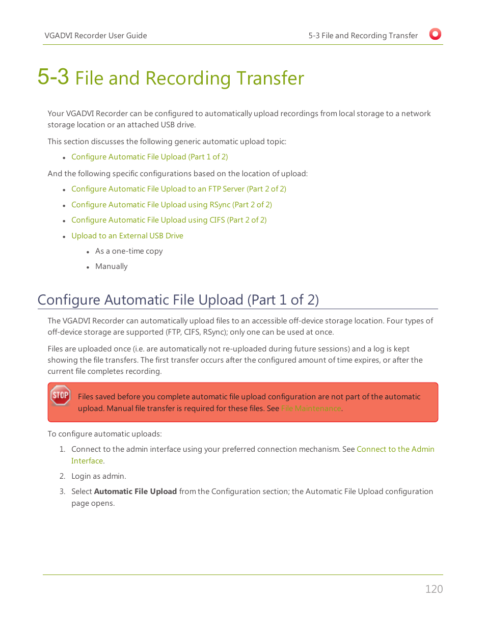 3 file and recording transfer, Configure automatic file upload (part 1 of 2), File and recording transfer | Epiphan VGADVI Recorder User Manual | Page 129 / 209