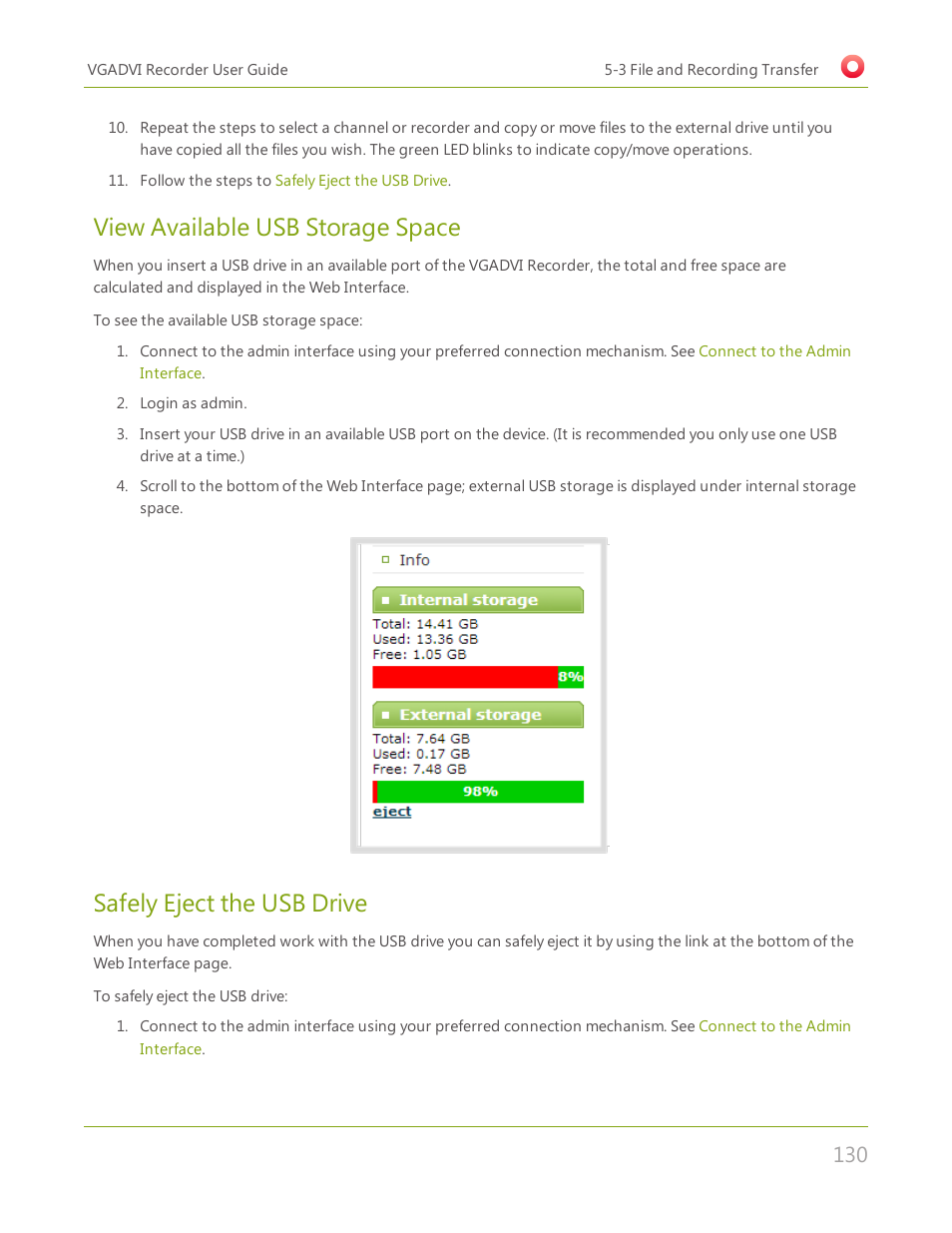 View available usb storage space, Safely eject the usb drive | Epiphan VGADVI Recorder User Manual | Page 139 / 209