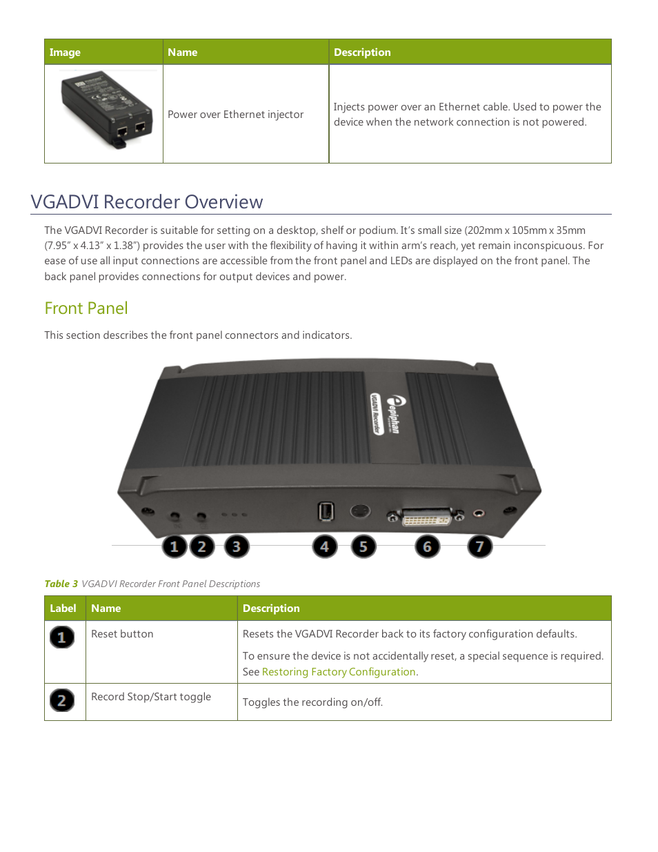 Vgadvi recorder overview, Front panel | Epiphan VGADVI Recorder User Manual | Page 14 / 209