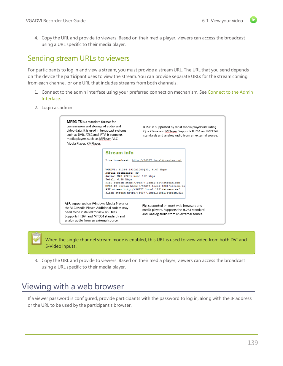 Viewing with a web browser, Sending stream urls to viewers | Epiphan VGADVI Recorder User Manual | Page 148 / 209