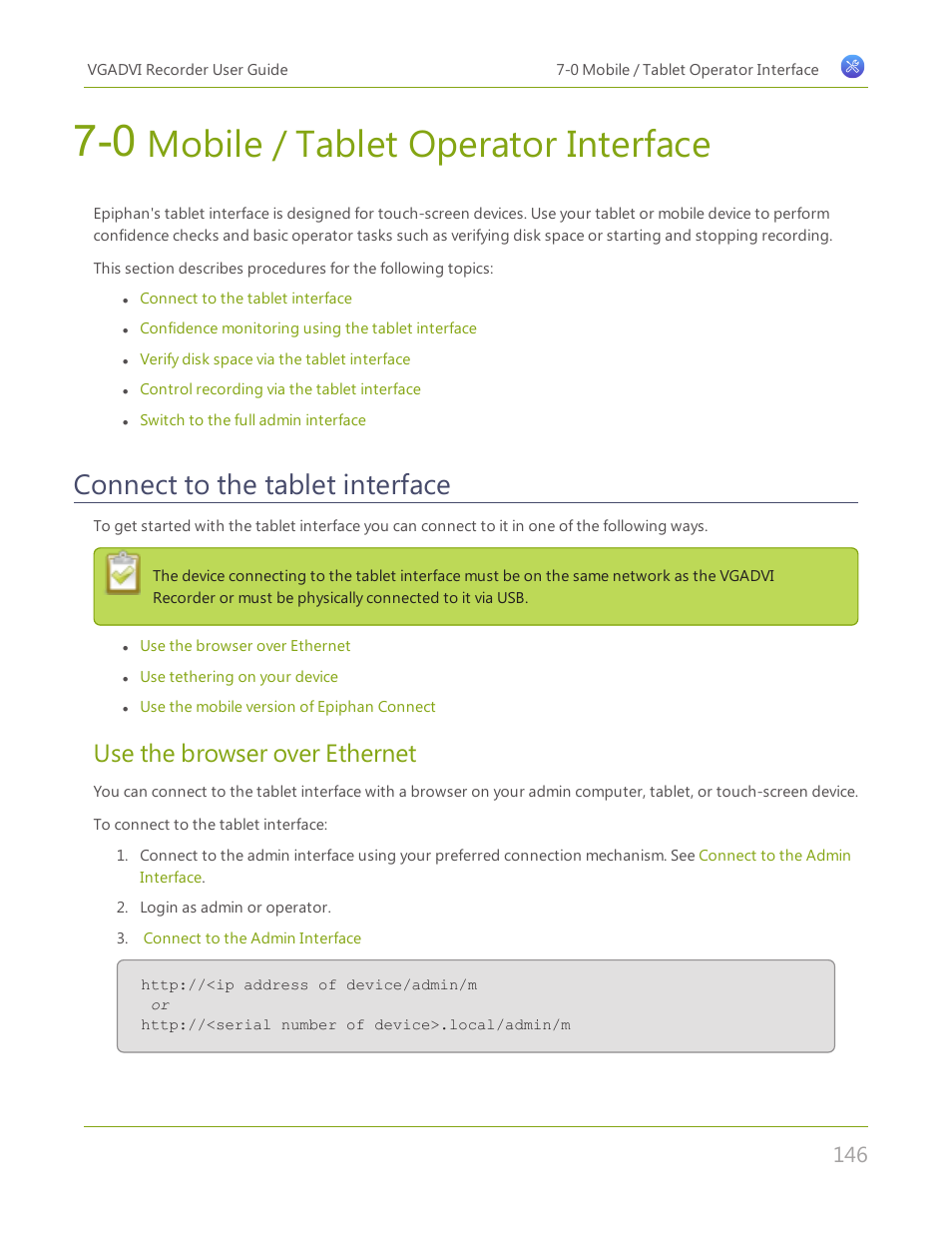0 mobile / tablet operator interface, Connect to the tablet interface, Mobile / tablet operator interface | Use the browser over ethernet | Epiphan VGADVI Recorder User Manual | Page 155 / 209