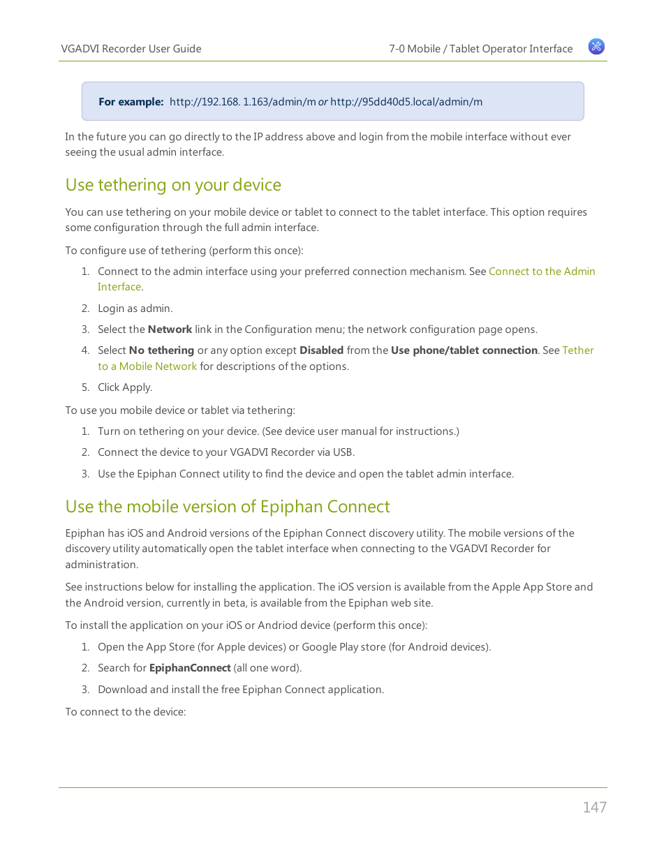 Use tethering on your device, Use the mobile version of epiphan connect | Epiphan VGADVI Recorder User Manual | Page 156 / 209