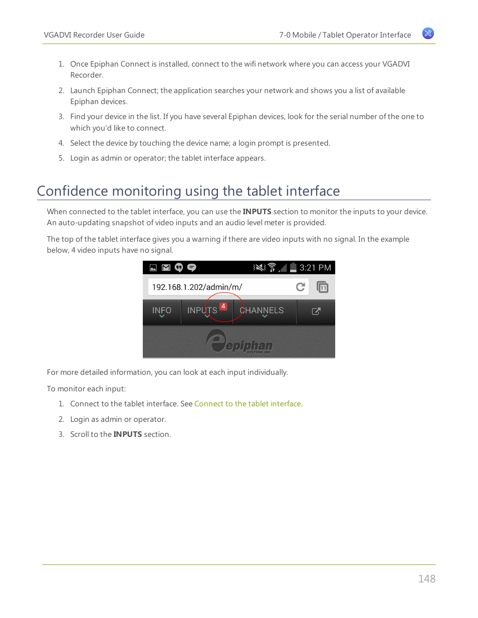 Confidence monitoring using the tablet interface | Epiphan VGADVI Recorder User Manual | Page 157 / 209