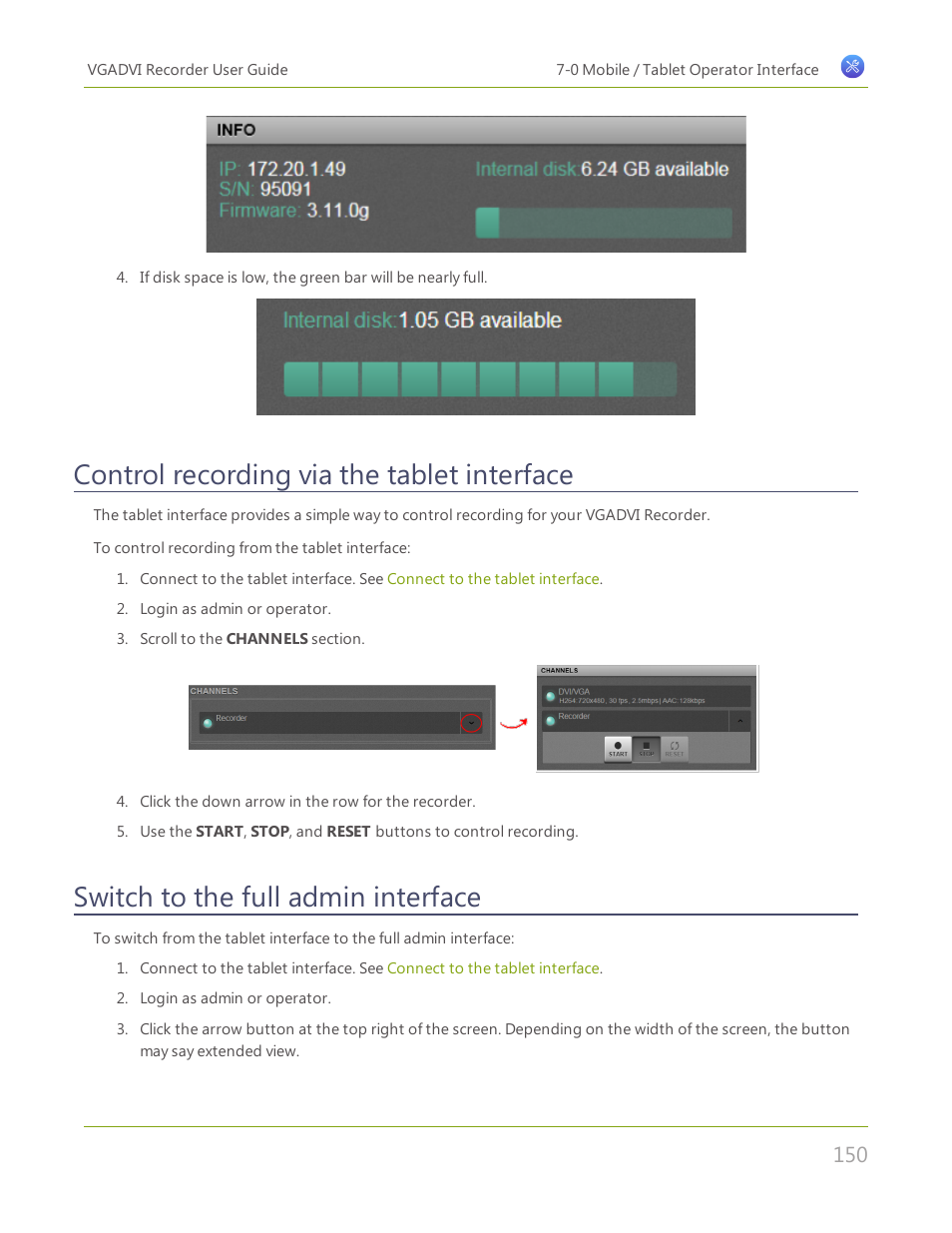 Control recording via the tablet interface, Switch to the full admin interface, Control recording via the tablet | Interface | Epiphan VGADVI Recorder User Manual | Page 159 / 209