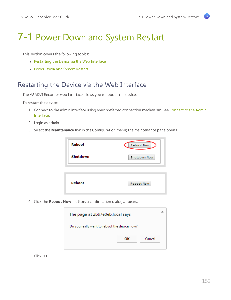 1 power down and system restart, Restarting the device via the web interface, Power down and system restart | Epiphan VGADVI Recorder User Manual | Page 161 / 209