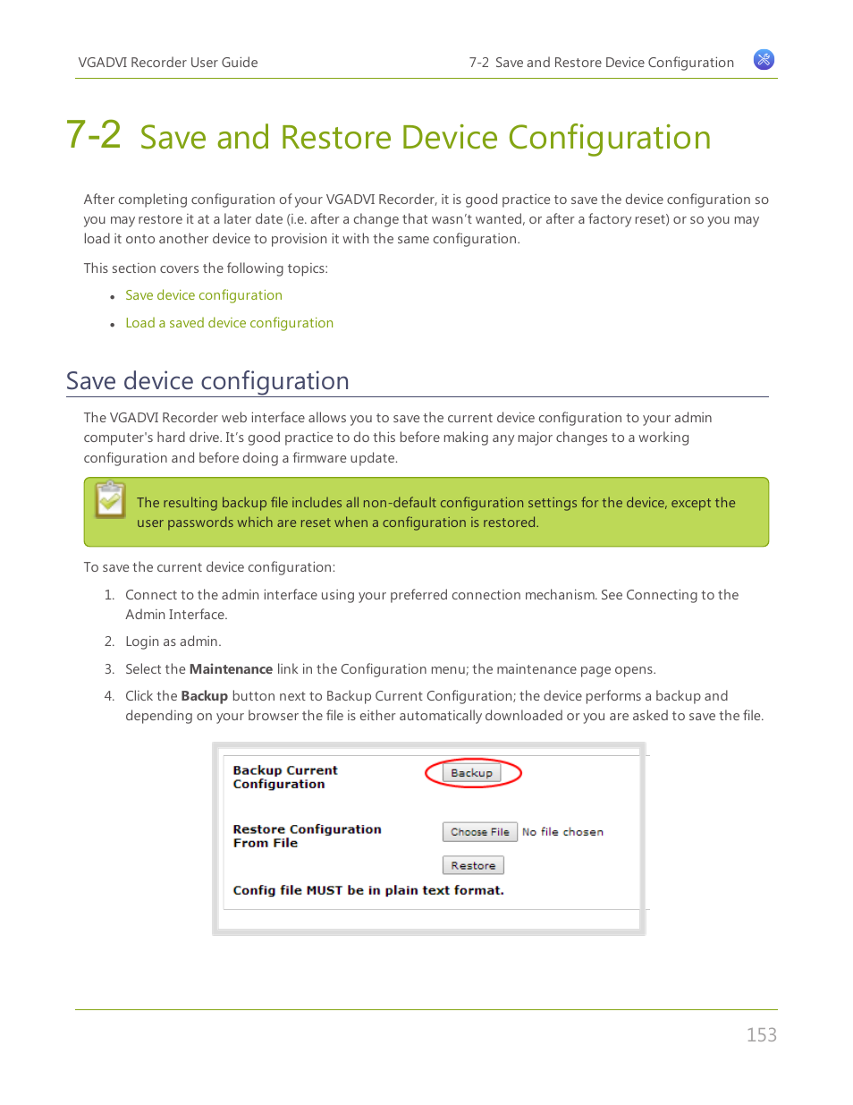 2 save and restore device configuration, Save device configuration, Save and restore device configuration | Save and restore device, Configuration | Epiphan VGADVI Recorder User Manual | Page 162 / 209