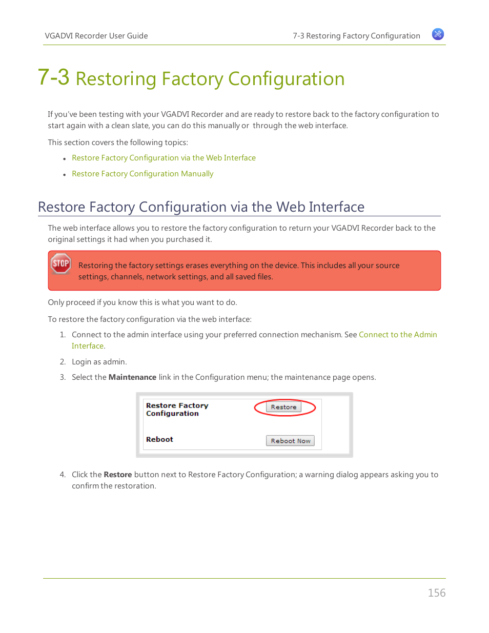 3 restoring factory configuration, Restoring factory configuration | Epiphan VGADVI Recorder User Manual | Page 165 / 209