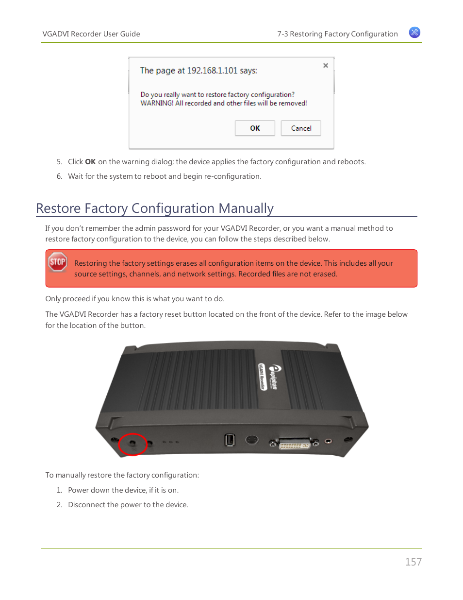 Restore factory configuration manually | Epiphan VGADVI Recorder User Manual | Page 166 / 209