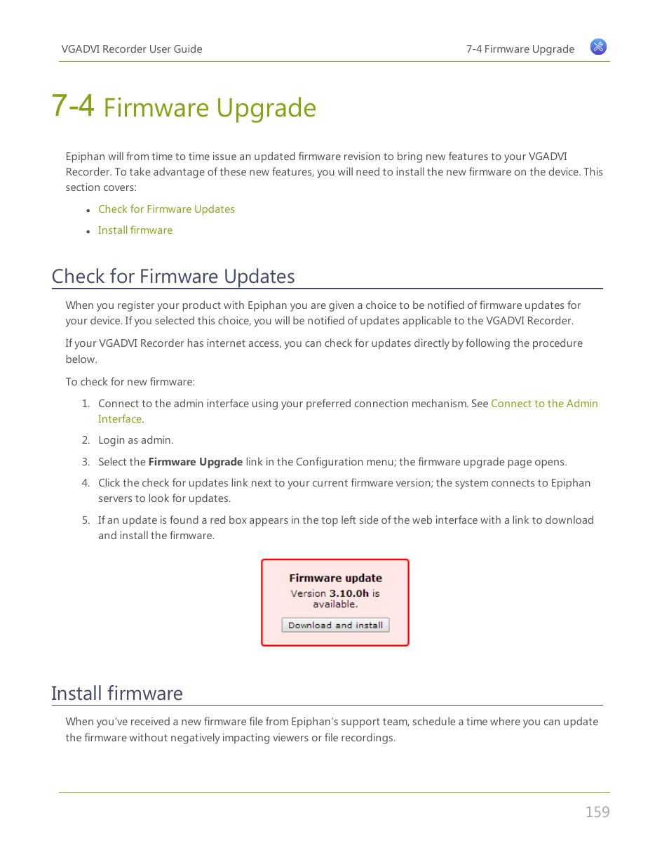 4 firmware upgrade, Check for firmware updates, Install firmware | Firmware upgrade | Epiphan VGADVI Recorder User Manual | Page 168 / 209