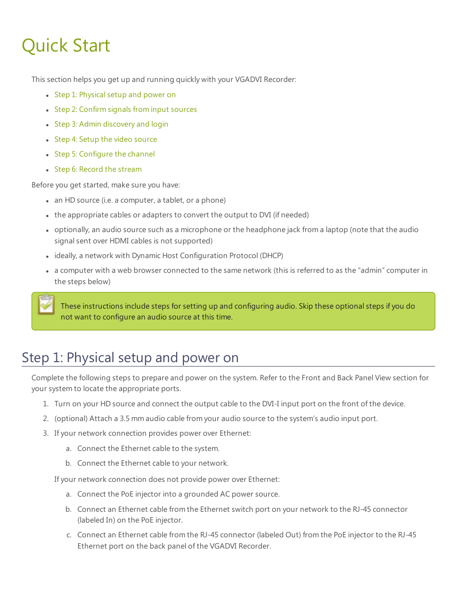 Quick start, Step 1: physical setup and power on | Epiphan VGADVI Recorder User Manual | Page 17 / 209