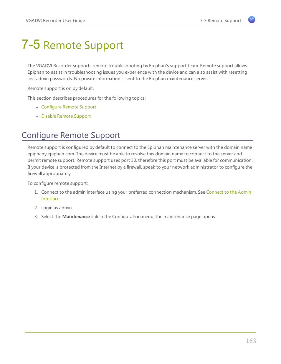 5 remote support, Configure remote support, Remote support | Epiphan VGADVI Recorder User Manual | Page 172 / 209