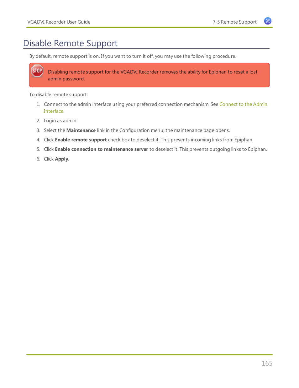 Disable remote support | Epiphan VGADVI Recorder User Manual | Page 174 / 209