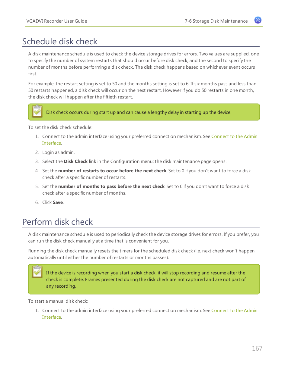 Schedule disk check, Perform disk check | Epiphan VGADVI Recorder User Manual | Page 176 / 209