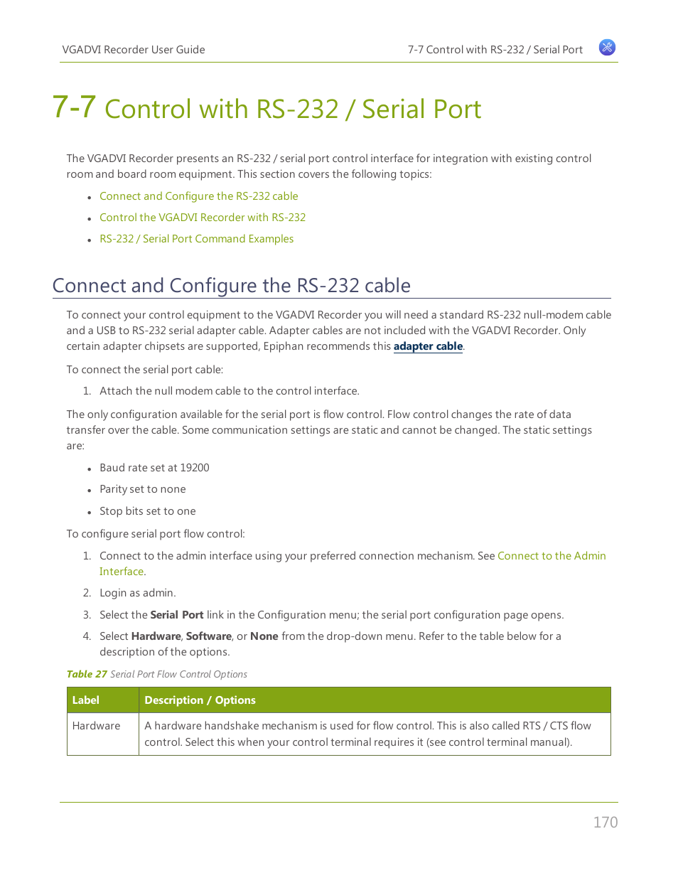 7 control with rs-232 / serial port, Connect and configure the rs-232 cable, Control with rs-232 / serial port | Epiphan VGADVI Recorder User Manual | Page 179 / 209