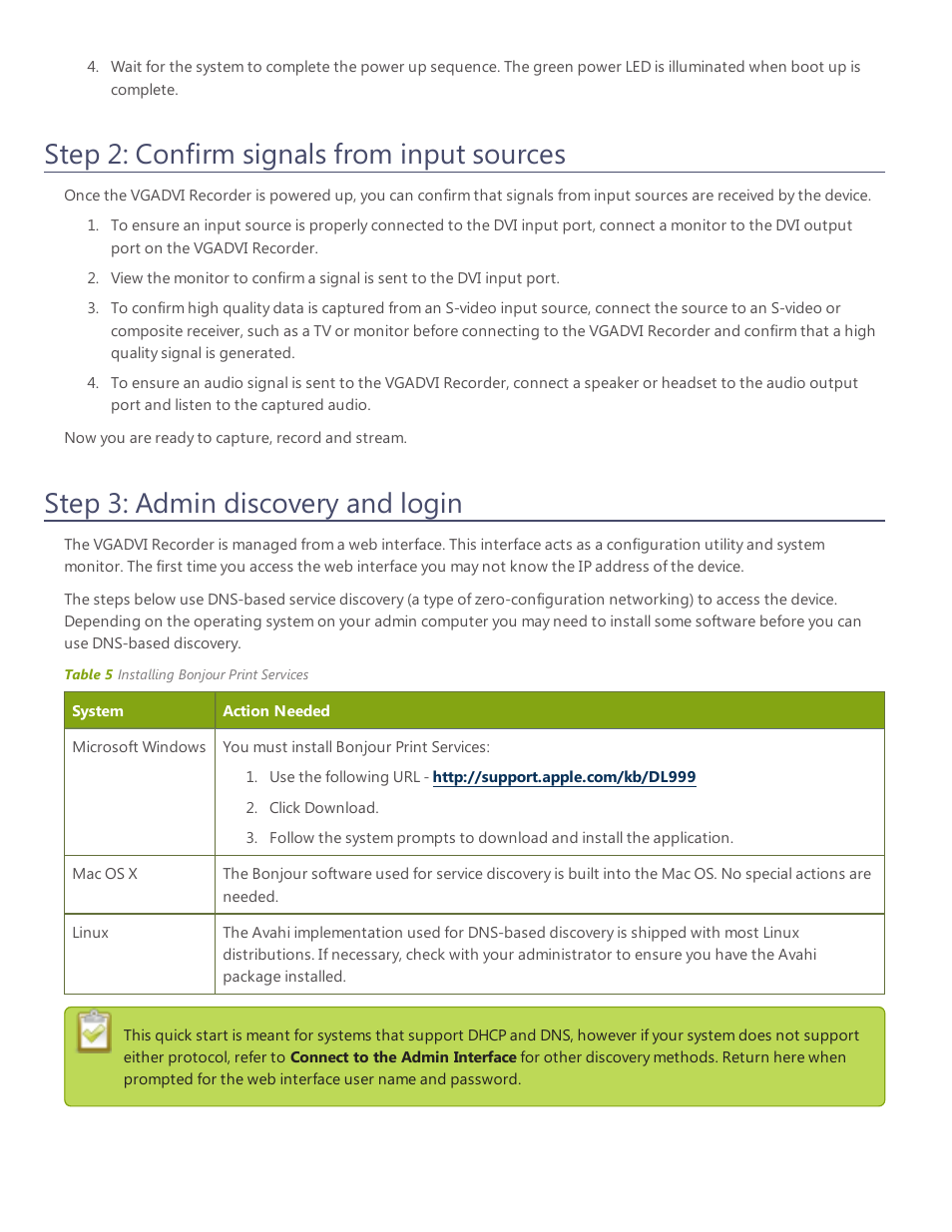 Step 2: confirm signals from input sources, Step 3: admin discovery and login | Epiphan VGADVI Recorder User Manual | Page 18 / 209