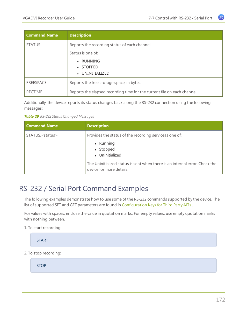 Rs-232 / serial port command examples | Epiphan VGADVI Recorder User Manual | Page 181 / 209