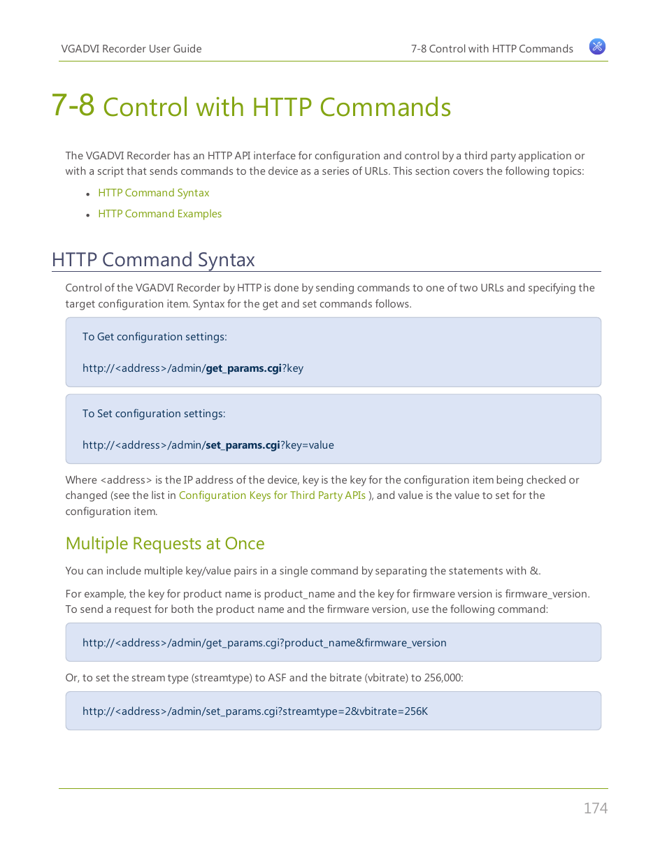 8 control with http commands, Http command syntax, Control with http commands | Multiple requests at once | Epiphan VGADVI Recorder User Manual | Page 183 / 209
