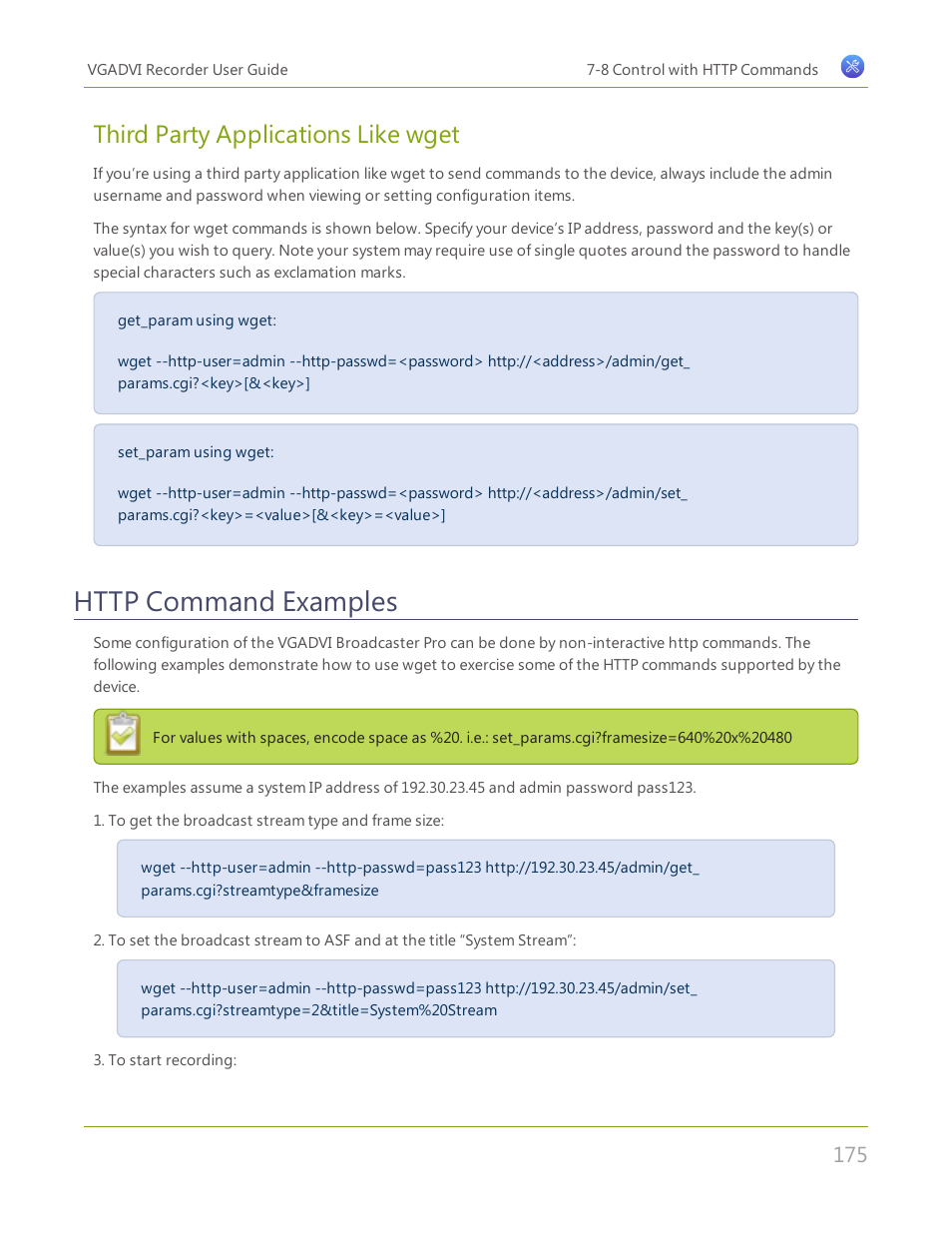 Http command examples, Third party applications like wget | Epiphan VGADVI Recorder User Manual | Page 184 / 209