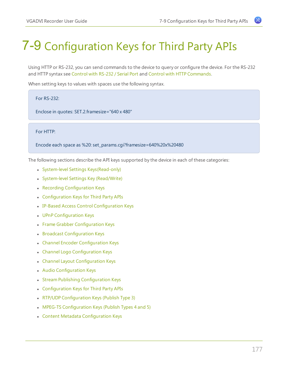 9 configuration keys for third party apis, Configuration keys for third party apis | Epiphan VGADVI Recorder User Manual | Page 186 / 209