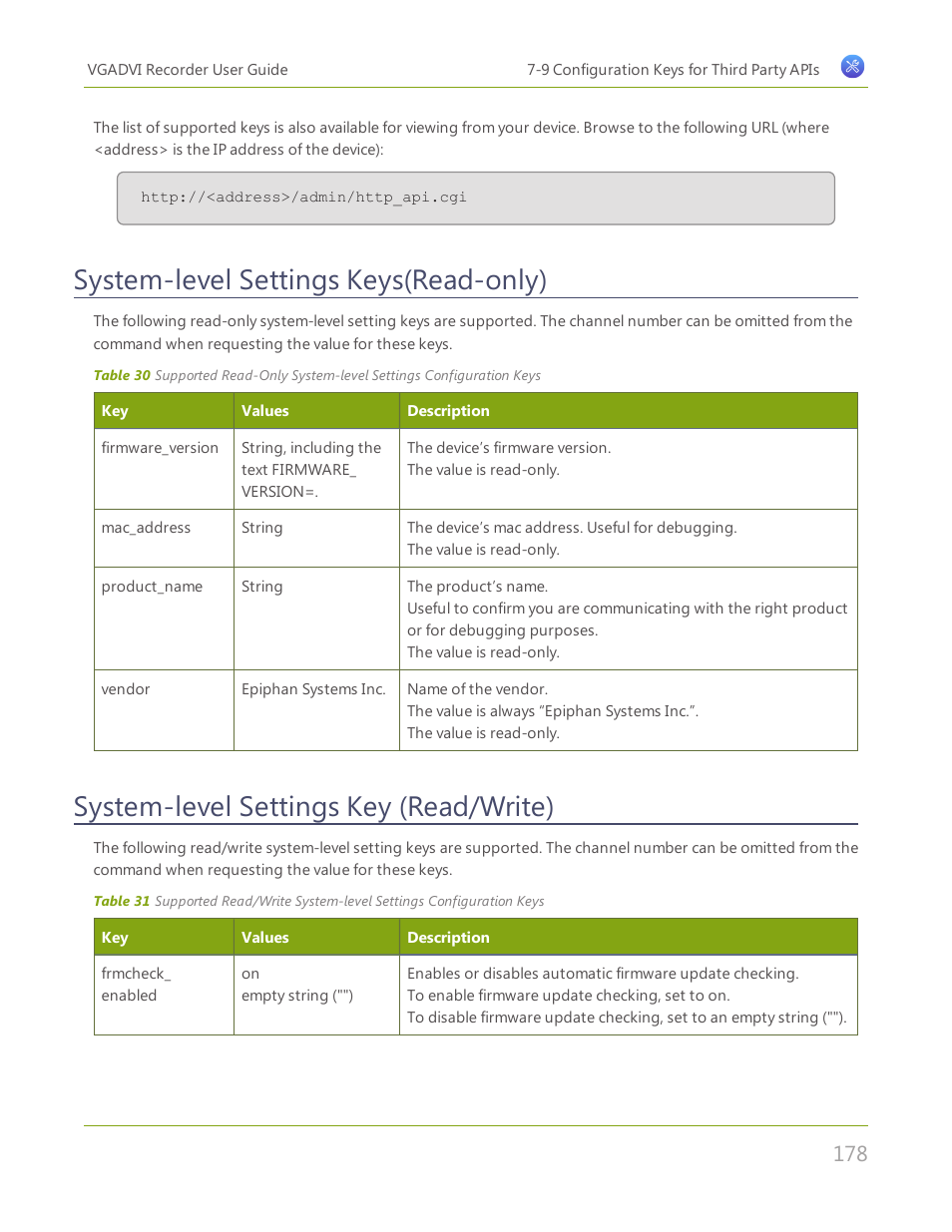 System-level settings keys(read-only), System-level settings key (read/write) | Epiphan VGADVI Recorder User Manual | Page 187 / 209