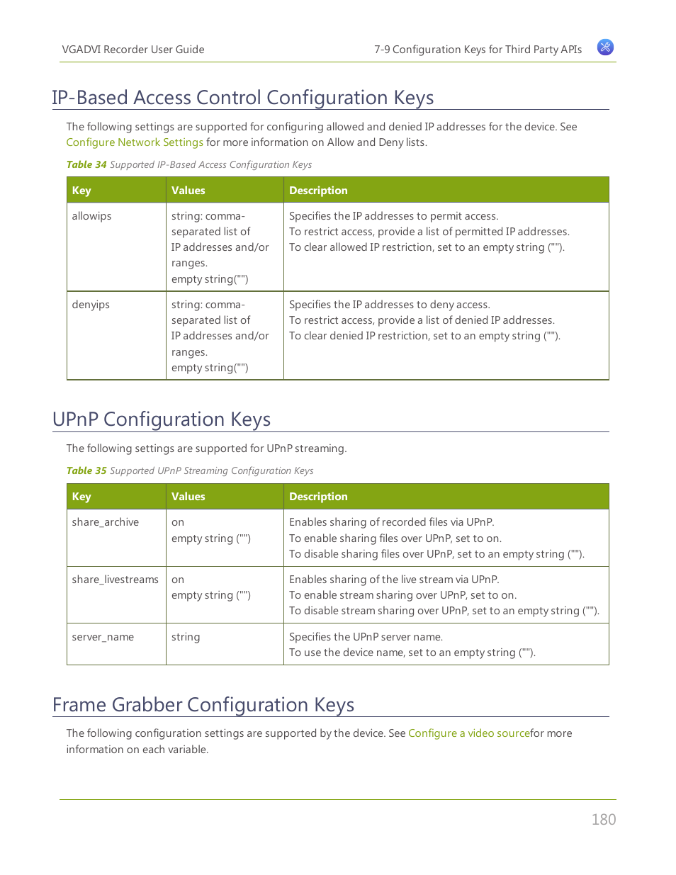 Ip-based access control configuration keys, Upnp configuration keys, Frame grabber configuration keys | Epiphan VGADVI Recorder User Manual | Page 189 / 209