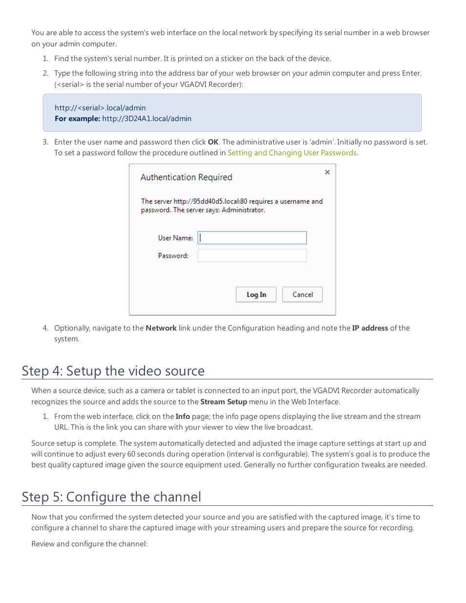 Step 4: setup the video source, Step 5: configure the channel | Epiphan VGADVI Recorder User Manual | Page 19 / 209