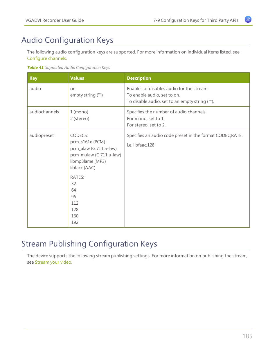 Audio configuration keys, Stream publishing configuration keys | Epiphan VGADVI Recorder User Manual | Page 194 / 209