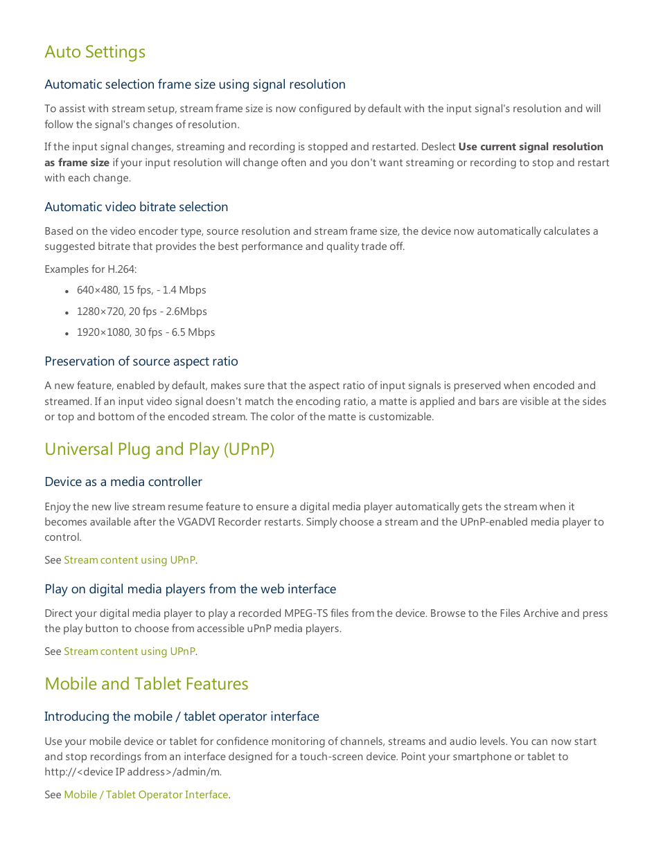 Auto settings, Universal plug and play (upnp), Mobile and tablet features | Epiphan VGADVI Recorder User Manual | Page 201 / 209