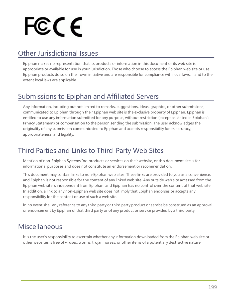 Other jurisdictional issues, Submissions to epiphan and affiliated servers, Third parties and links to third-party web sites | Miscellaneous | Epiphan VGADVI Recorder User Manual | Page 208 / 209
