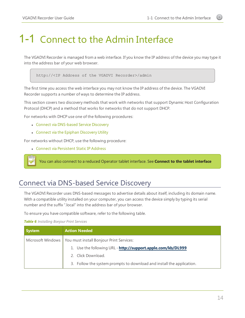 1 connect to the admin interface, Connect via dns-based service discovery, Connect to the admin interface | Epiphan VGADVI Recorder User Manual | Page 23 / 209