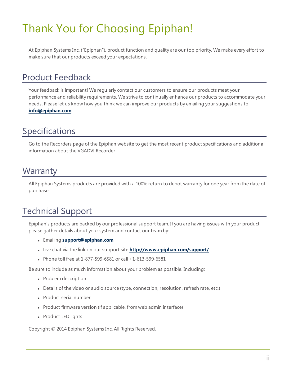 Thank you for choosing epiphan, Product feedback, Specifications | Warranty, Technical support | Epiphan VGADVI Recorder User Manual | Page 3 / 209