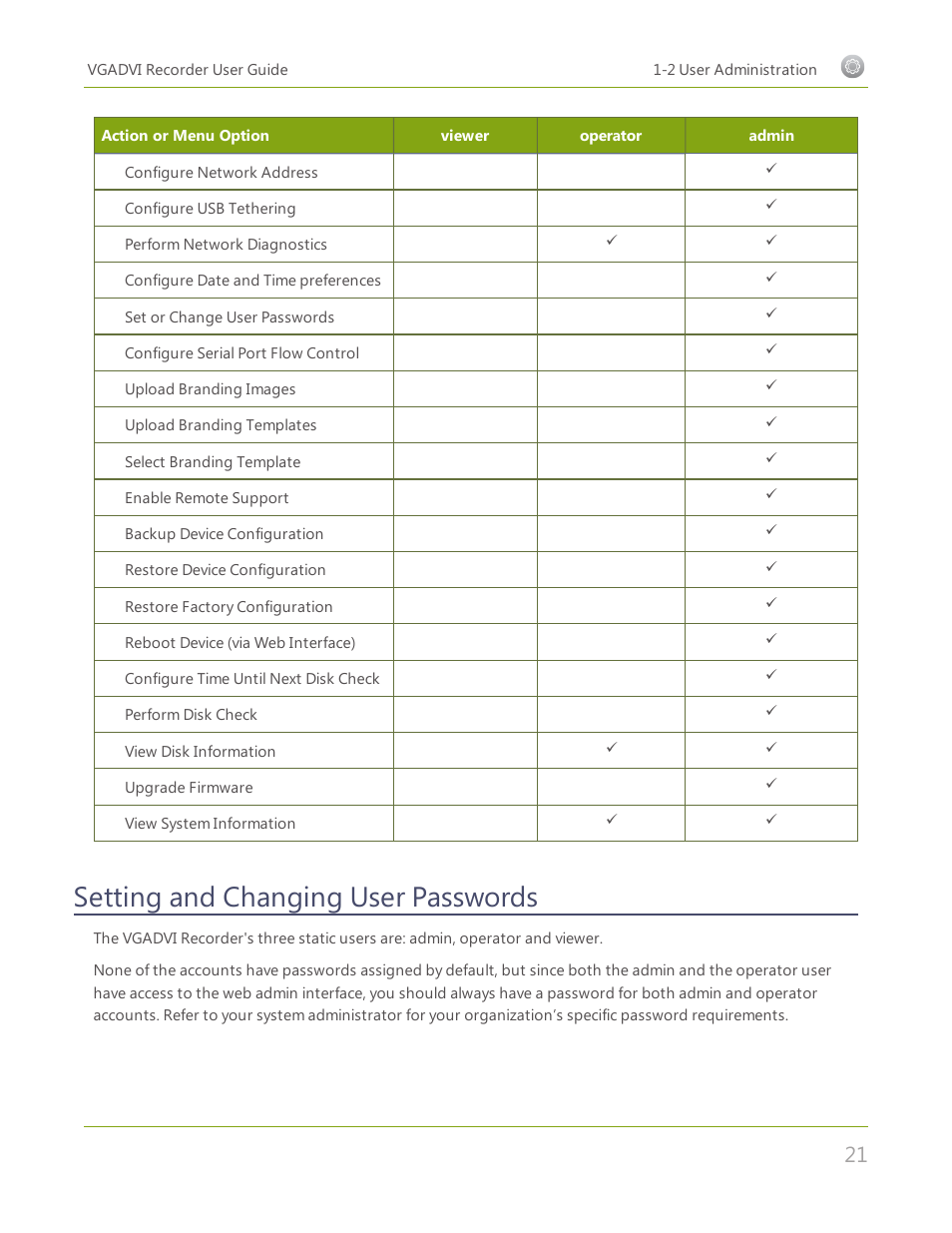 Setting and changing user passwords, Setting and changing user, Passwords | Epiphan VGADVI Recorder User Manual | Page 30 / 209