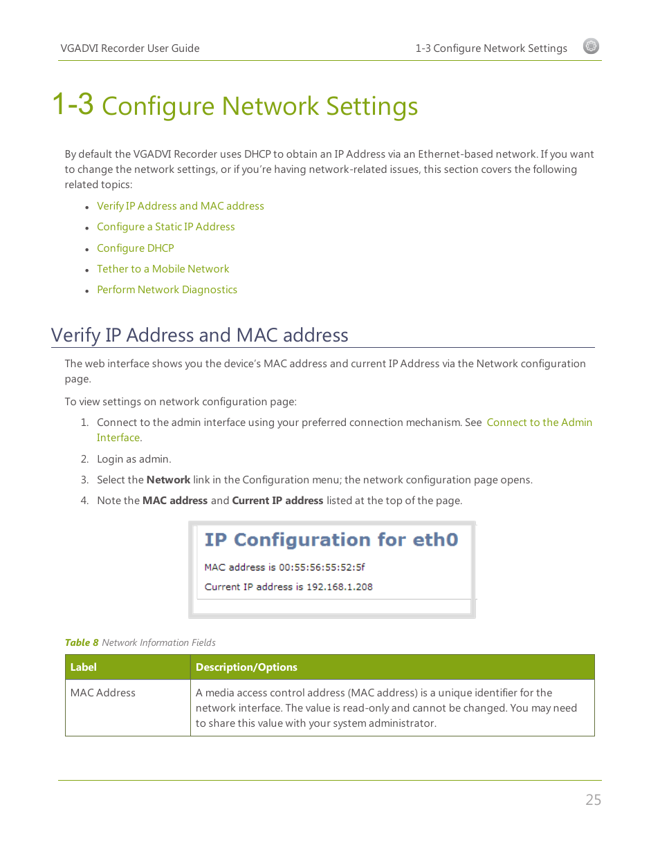 3 configure network settings, Verify ip address and mac address, Configure network settings | Epiphan VGADVI Recorder User Manual | Page 34 / 209