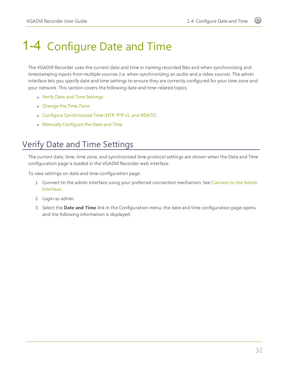 4 configure date and time, Verify date and time settings, Configure date and time | Epiphan VGADVI Recorder User Manual | Page 41 / 209