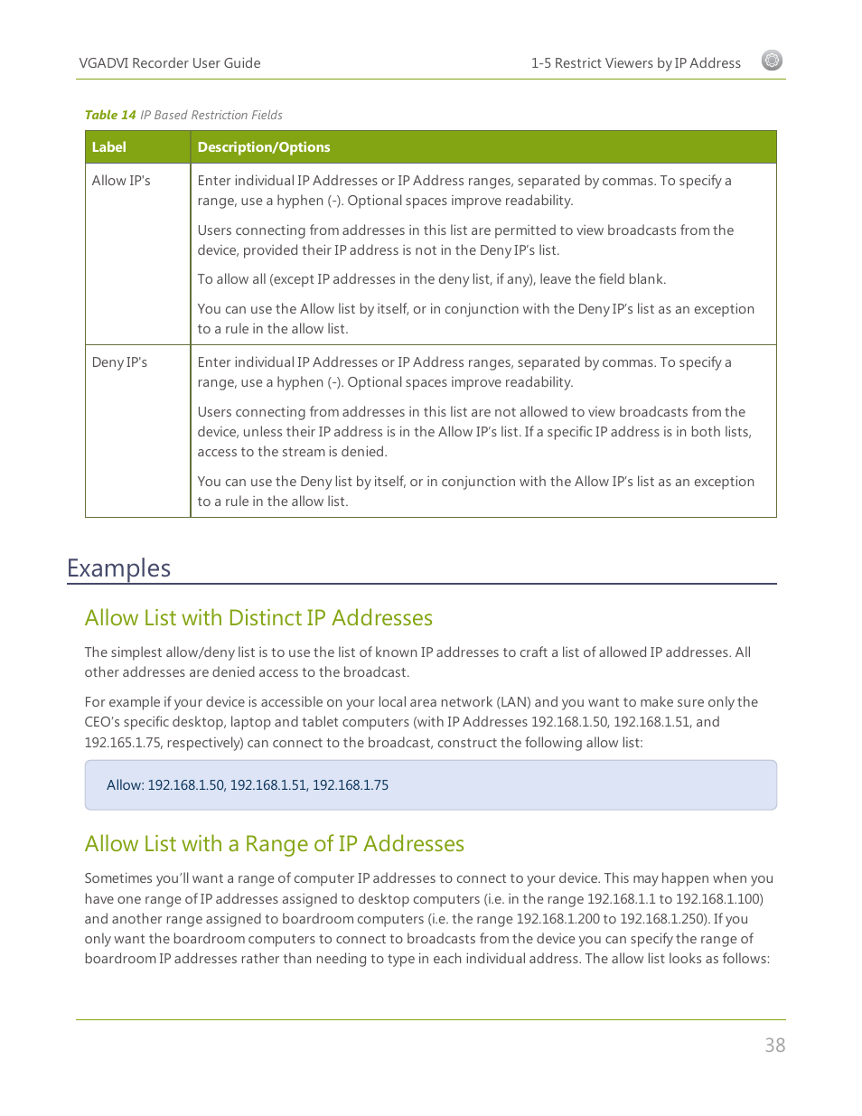 Examples, Allow list with distinct ip addresses, Allow list with a range of ip addresses | Epiphan VGADVI Recorder User Manual | Page 47 / 209