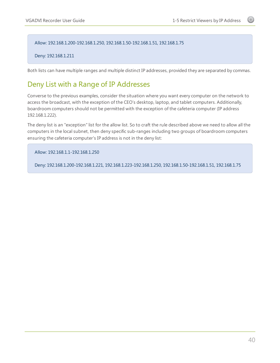 Deny list with a range of ip addresses | Epiphan VGADVI Recorder User Manual | Page 49 / 209