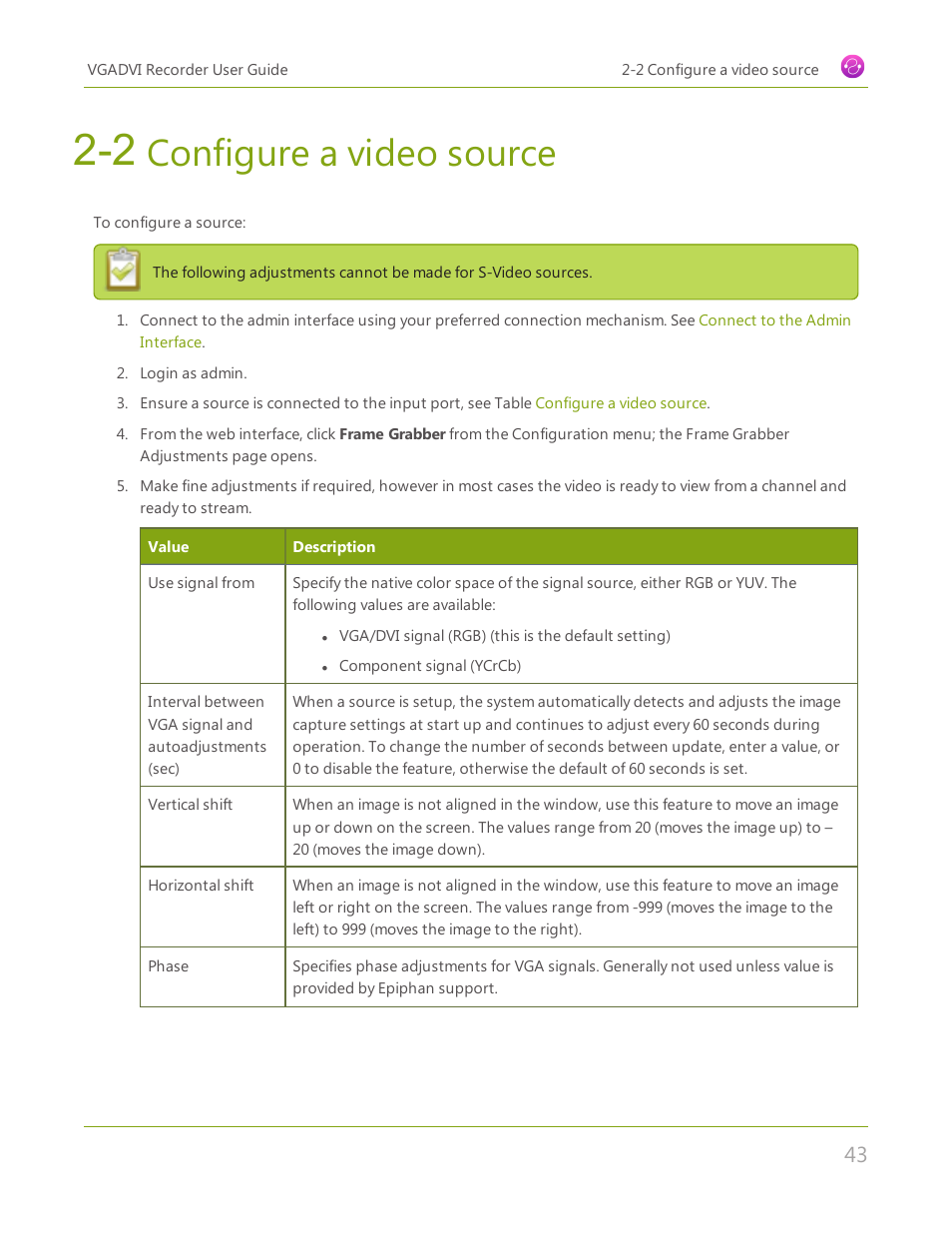 2 configure a video source, Configure a video source | Epiphan VGADVI Recorder User Manual | Page 52 / 209
