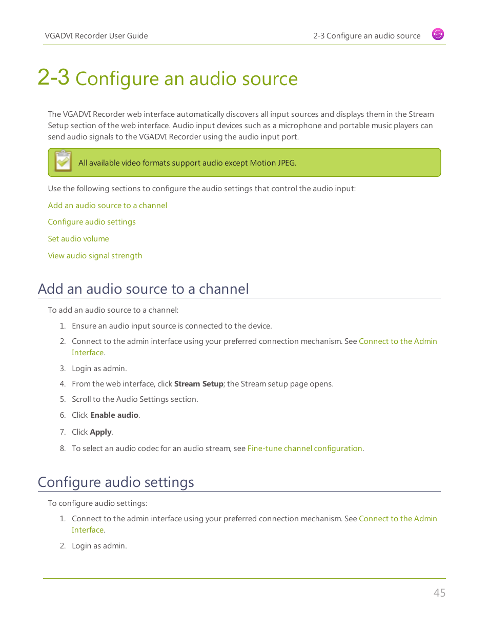 3 configure an audio source, Add an audio source to a channel, Configure audio settings | Configure an audio source | Epiphan VGADVI Recorder User Manual | Page 54 / 209