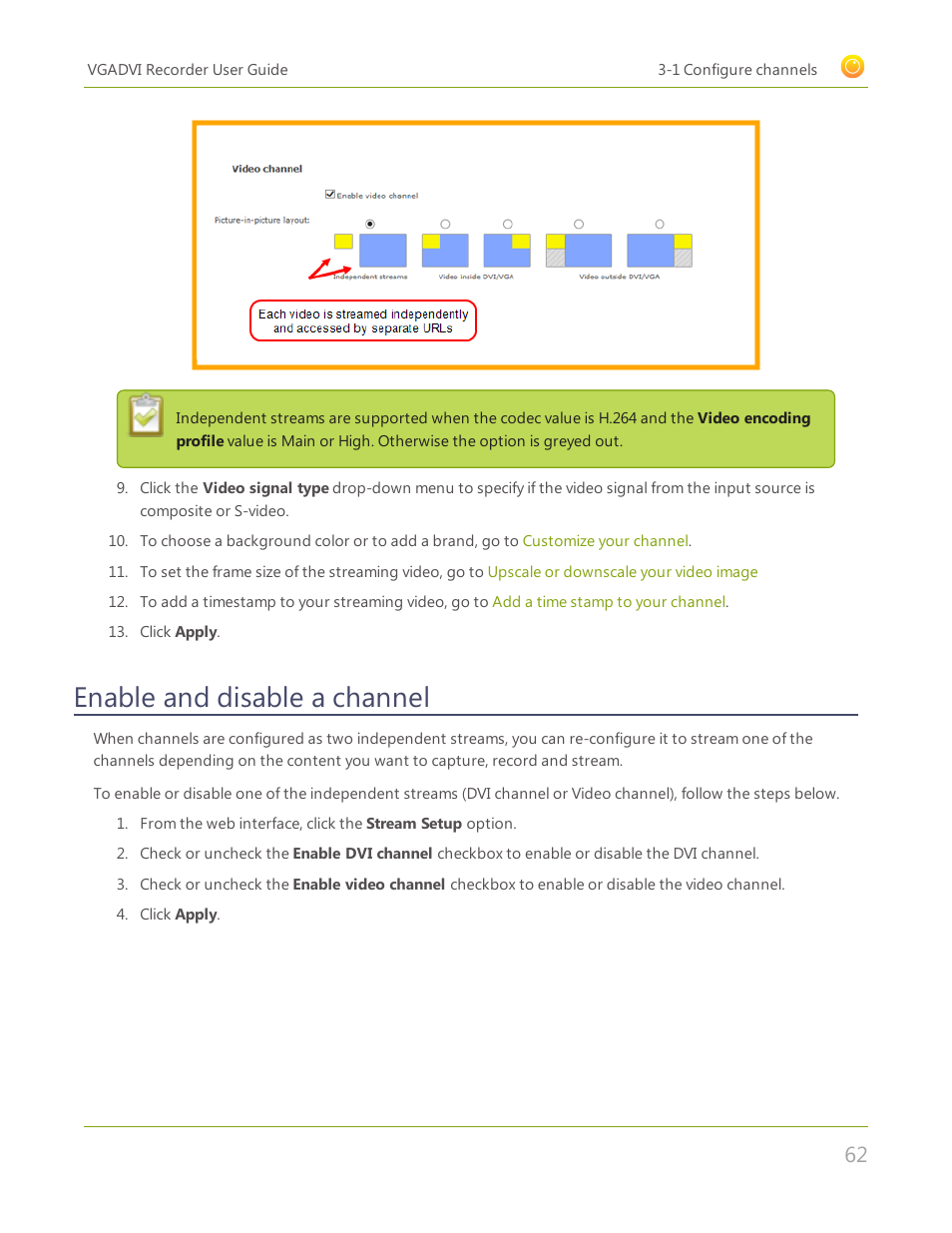 Enable and disable a channel | Epiphan VGADVI Recorder User Manual | Page 71 / 209