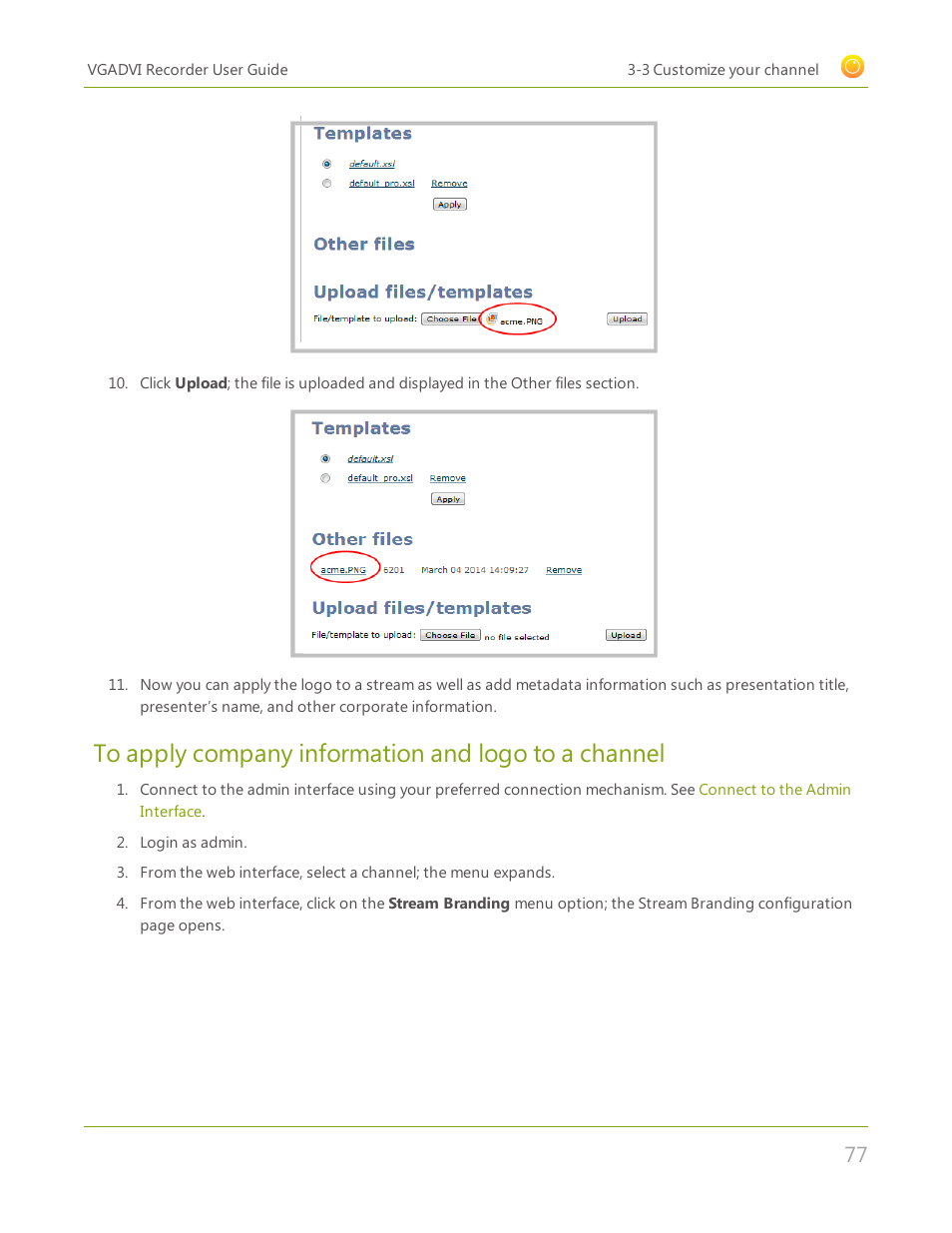 To apply company information and logo to a channel | Epiphan VGADVI Recorder User Manual | Page 86 / 209