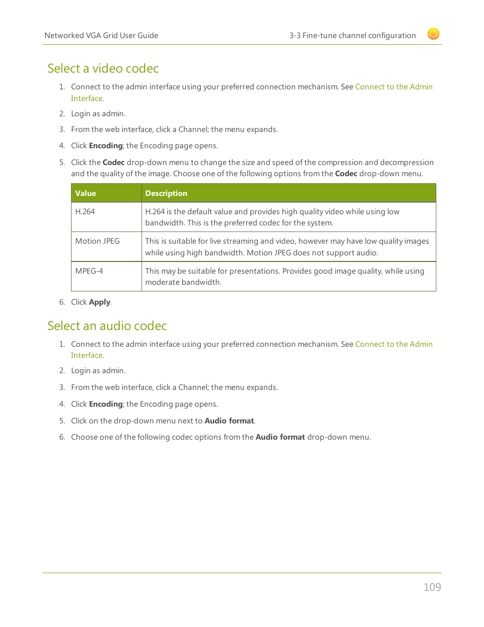 Select a video codec, Select an audio codec | Epiphan Networked VGA Grid User Manual | Page 121 / 306