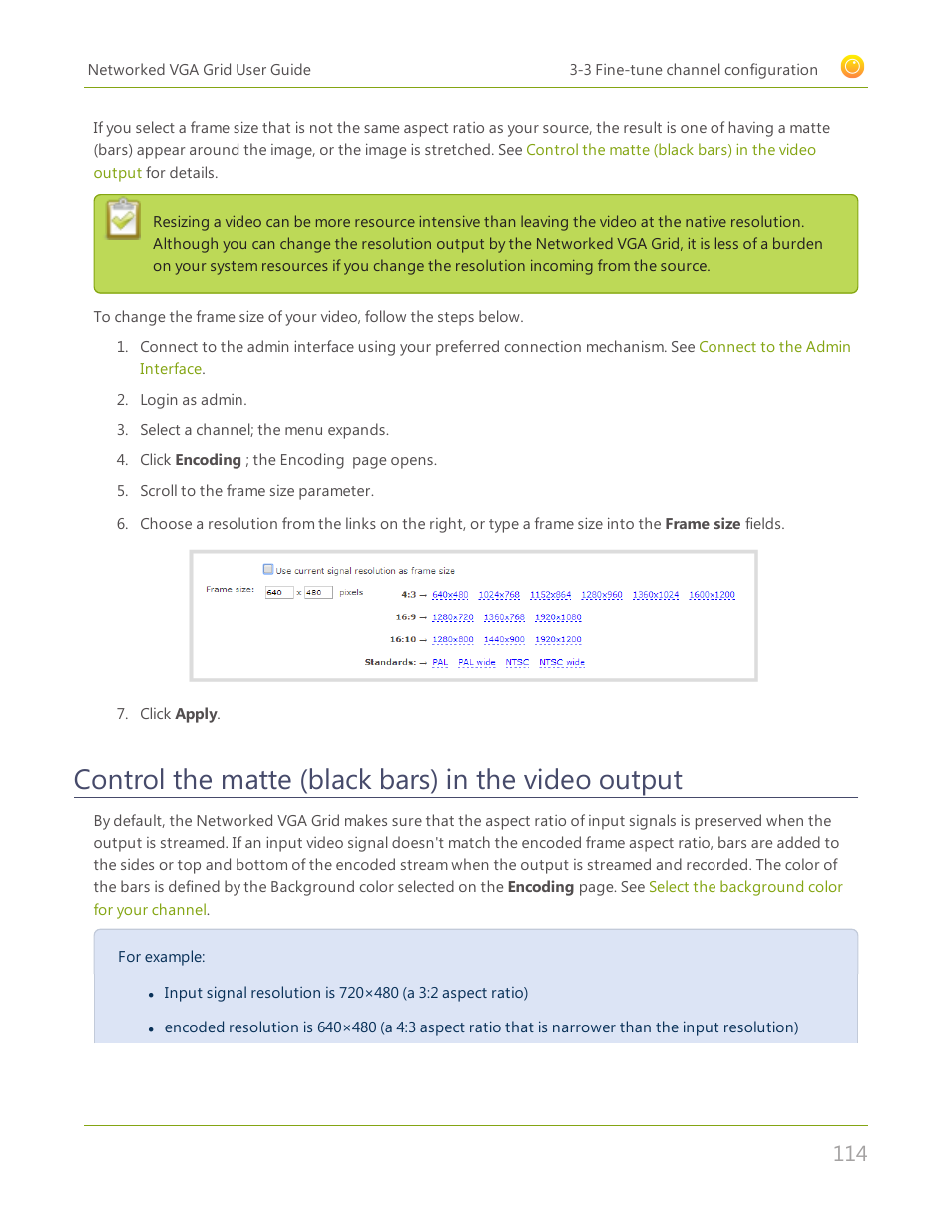 Control the matte (black bars) in the video output | Epiphan Networked VGA Grid User Manual | Page 126 / 306