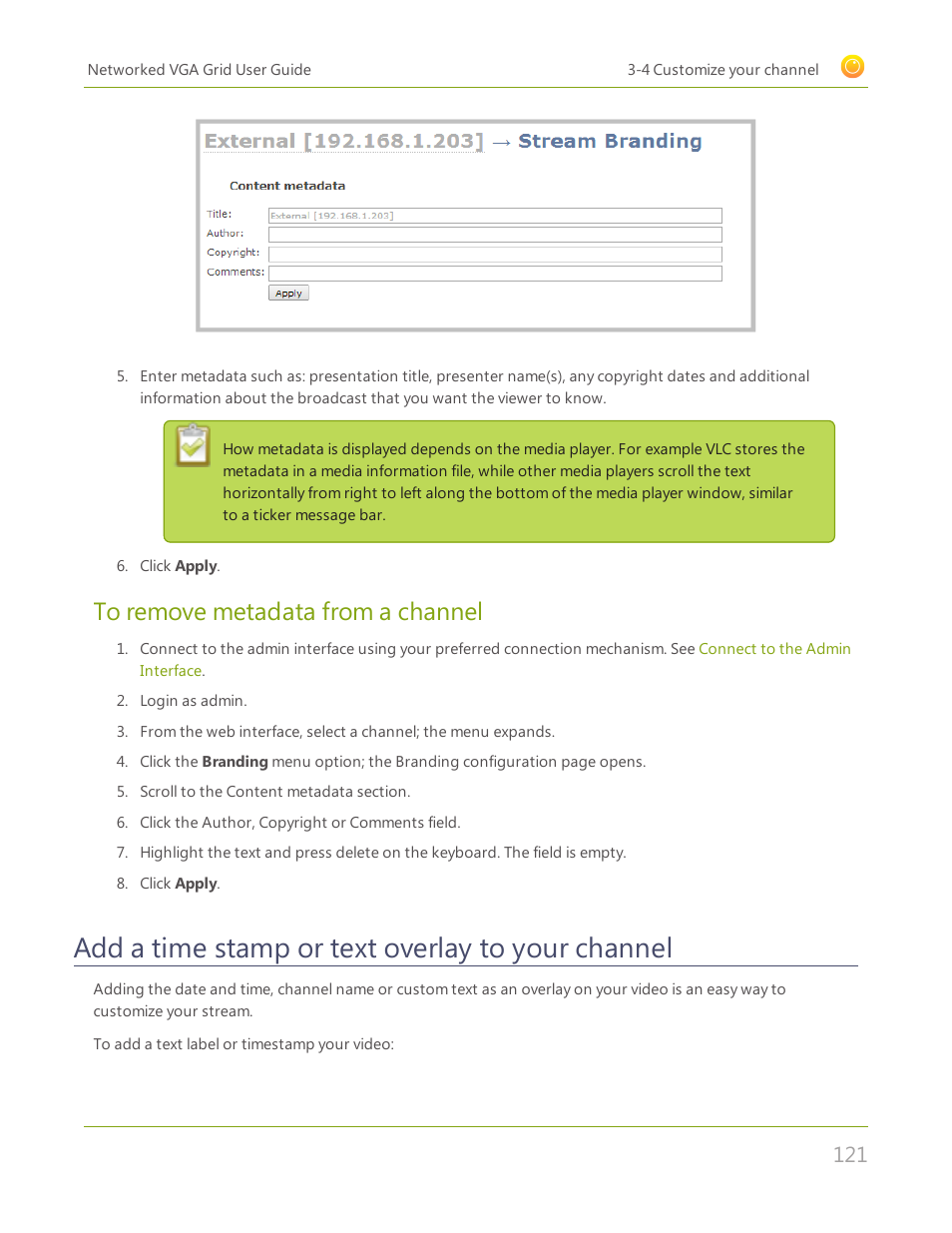 Add a time stamp or text overlay to your channel, To remove metadata from a channel | Epiphan Networked VGA Grid User Manual | Page 133 / 306