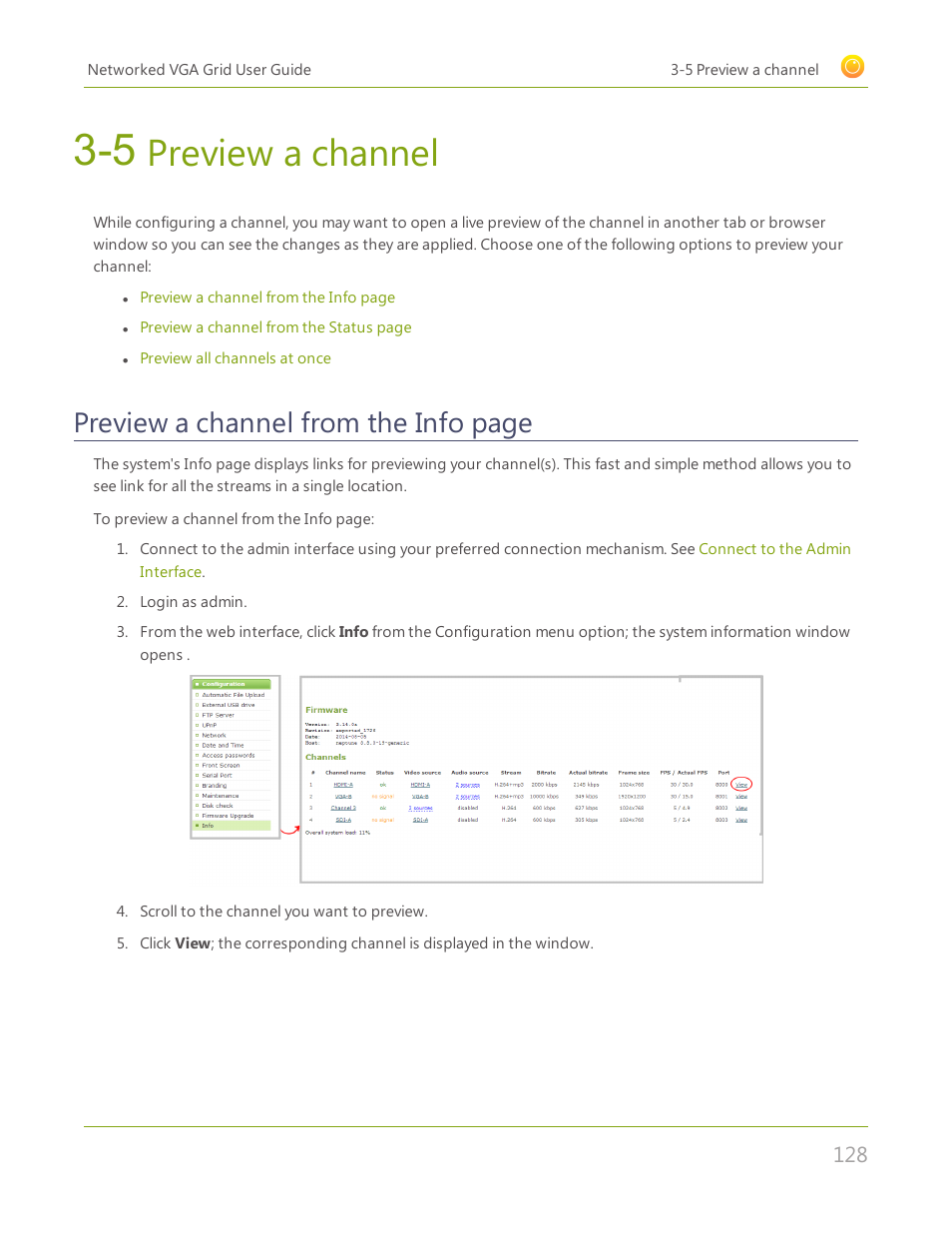 5 preview a channel, Preview a channel, Preview a channel from the info page | Epiphan Networked VGA Grid User Manual | Page 140 / 306