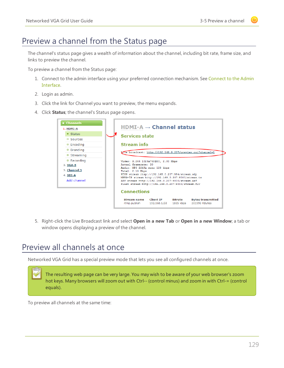 Preview all channels at once, Preview a channel from the status page | Epiphan Networked VGA Grid User Manual | Page 141 / 306