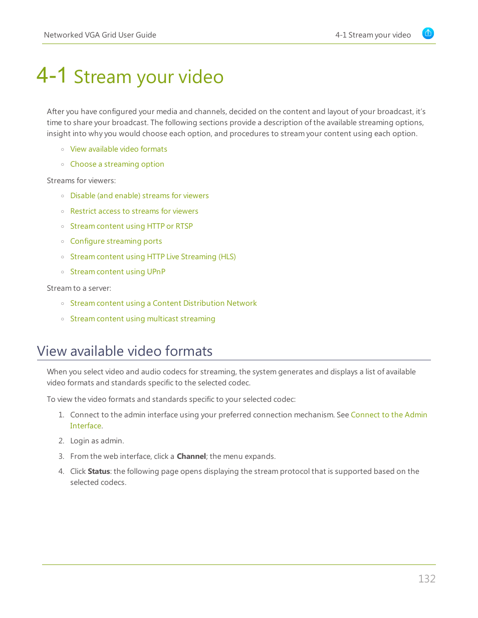 1 stream your video, View available video formats, Stream your video | Epiphan Networked VGA Grid User Manual | Page 144 / 306